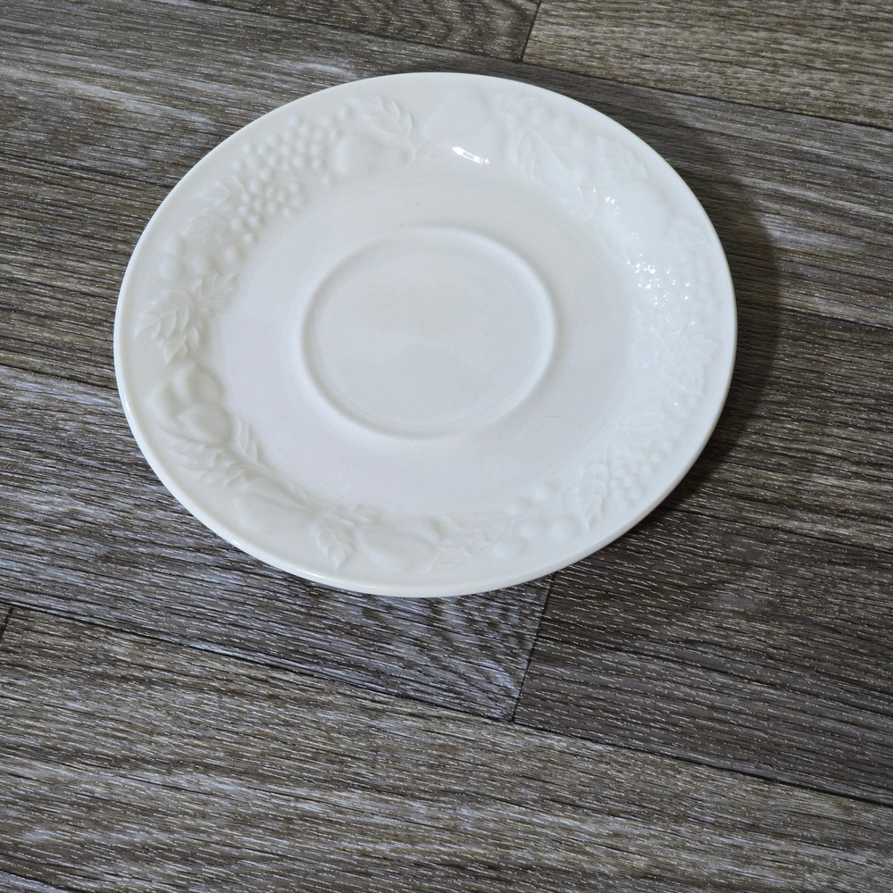 Lynns Stoneware Fruit Embossed‎ 6.5in Saucer White Embossed Fruit Vine Farmhouse